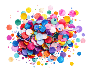Colorful, round confetti pile with various hues on a black background