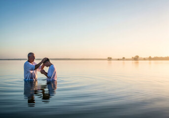 Fototapeta premium Man baptizing young male in lake water at sunrise. Religious ceremony for Christian worship and spiritual renewal. New life and faith concept.