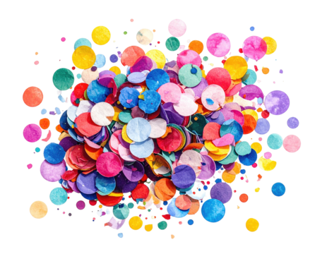 Colorful, round confetti pile with various hues on a black background