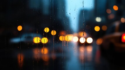 Obraz premium Rain kissed window pane capturing blurred city lights and urban reflections in the night