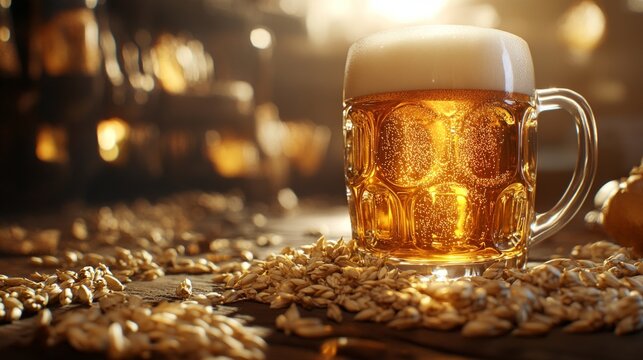 A beer glass filled with beer on hop cones emphasises the cosy atmosphere of a beer bar, making it the perfect backdrop for advertising craft beers.