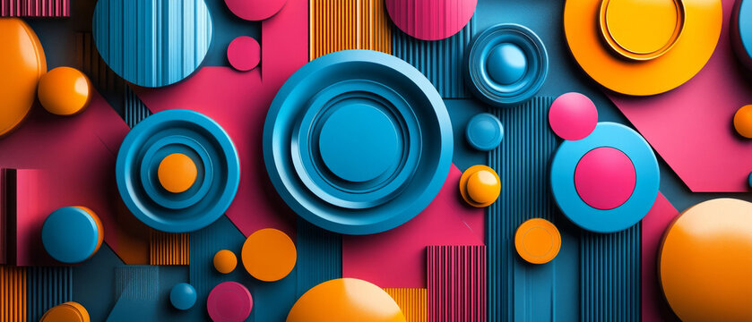 Bright geometric shapes and circles on a contrasting background form a dynamic pattern, ideal as a decorative backdrop for creative projects and design layouts.