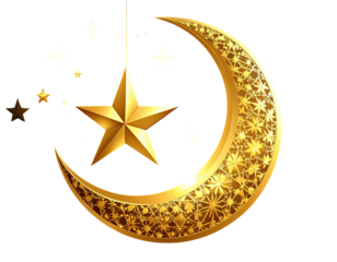 Golden crescent moon with intricate star patterns, a large star, and smaller stars on black background