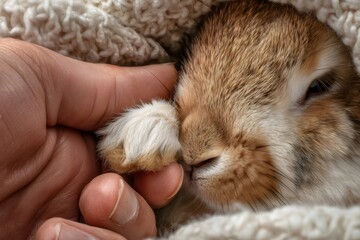 Human hand gently touching the soft paw of a sleeping rabbit, showing connection, comfort, and care between human and animal