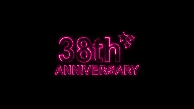 Celebrate 38th anniversary with glowing pink neon text and sparkling stars on a black backdrop, perfect for invitations, cards, and social media posts, evoking joy and milestone achievement