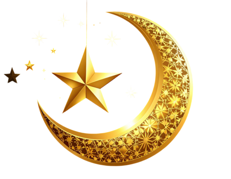 Golden crescent moon with intricate star patterns, a large star, and smaller stars on black background
