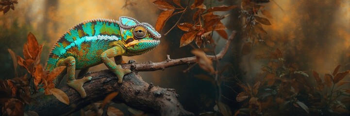 Obraz premium Vivid and striking panther chameleon with brilliant turquoise and emerald green markings gripping a textured tree trunk in its natural habitat