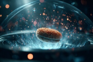 Cultivated food patty levitating inside a futuristic transparent dome, showcasing clean meat production technology. Energy particles circulate