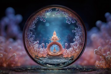 Microbial beings meditating inside a floating water droplet, reflecting an intricate, abstract fractal structure. Representing inner peace