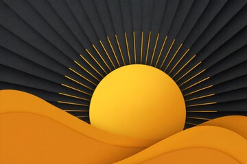 Abstract sun rising behind minimalist desert dunes. Layered paper cut style illustration showing a vibrant yellow sun