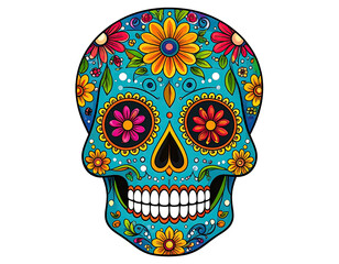 Colorful skull illustration with floral decorations in a bright, vibrant design