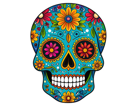 Colorful skull illustration with floral decorations in a bright, vibrant design
