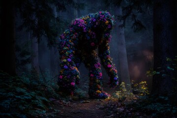 Plant monster covered in colorful flowers moving through a misty, magical forest path, representing nature's power and mystery