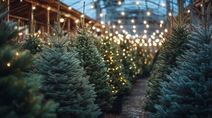 Christmas tree market with festive lights and fresh trees.