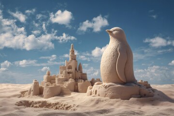 Sand penguin standing on a beach next to a detailed sandcastle under a bright blue sky, symbolizing creativity and summer fun