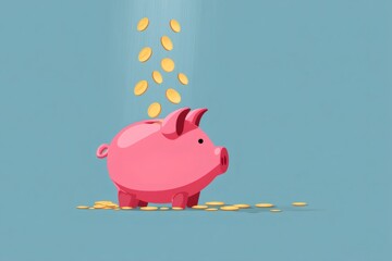 Pink piggy bank saving gold coins, representing financial growth, investment, and future savings on a blue background