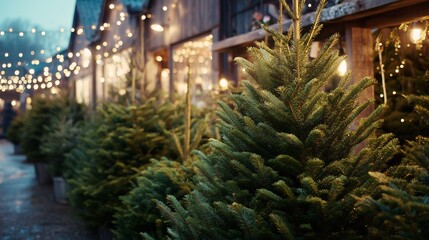 Christmas tree sale with festive light, wooden hut, and cozy atmosphere.