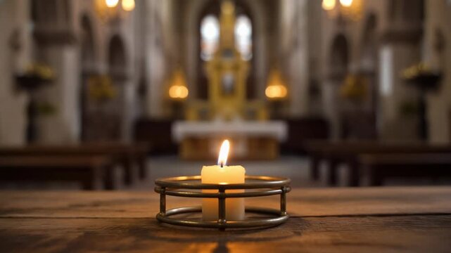 Serene Candle's Glow Illuminating a Sacred Church Altar in a Moment of Quiet Prayer