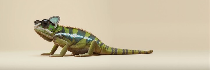 Full-body side profile of a green and striped chameleon wearing black sunglasses, standing on a clean, solid cream-colored background with space for text