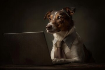 Dog dressed in business attire focused on work at laptop. Concept of professional pet, remote work, or intelligent animal