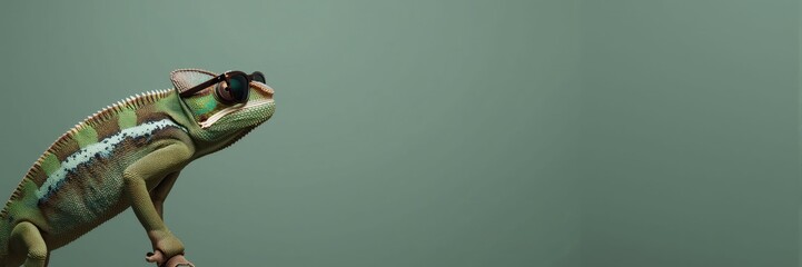 Stylish green chameleon wearing trendy black sunglasses, looking up against a smooth, solid sage green studio background with large copy space for text.