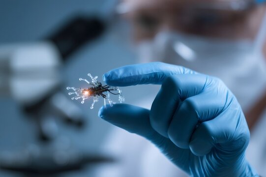 Scientist wearing protective gloves holding a small, glowing robotic microorganism. Researching advanced nanotechnology in a lab