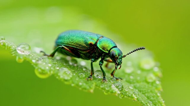 Macro perspective capturing the intricate details of an iridescent beetle's exoskeleton, highlighting its natural patterns and vibrant colors. Close up examination of the beetle's unique surface?