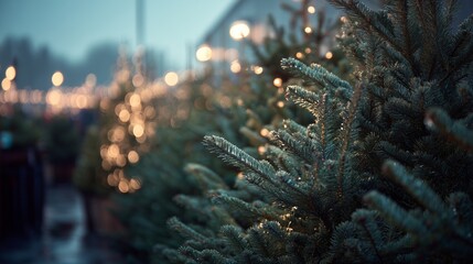 Obraz na płótnie Canvas Christmas tree lot with lights, trees, and festive atmosphere.