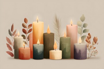 Watercolor style illustration depicting warm glowing candles and autumn leaves creating a cozy atmosphere