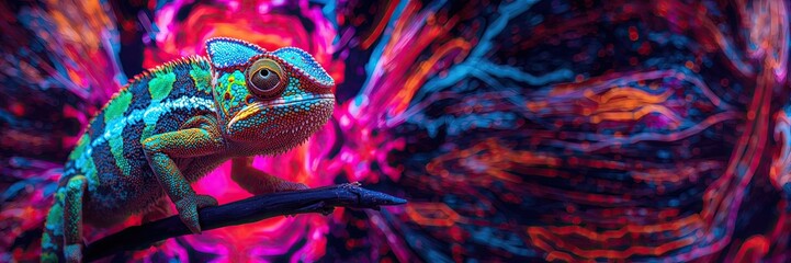 Fantasy chameleon with intricate, multi-colored scales and a curled tail, surrounded by glowing abstract smoke and swirling neon light trails on a dark background
