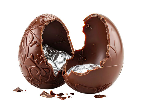 Close-up of a decorative cracked chocolate egg revealing foil-wrapped treats, on a black background - Powered by Adobe
