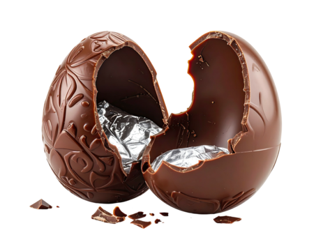 Close-up of a decorative cracked chocolate egg revealing foil-wrapped treats, on a black background - Powered by Adobe