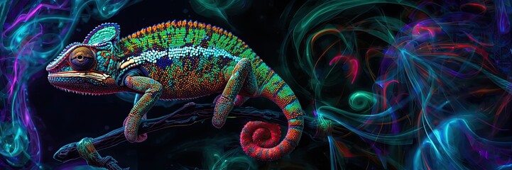 Fantasy chameleon with intricate, multi-colored scales and a curled tail, surrounded by glowing abstract smoke and swirling neon light trails on a dark background