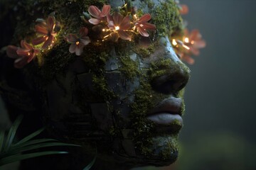 Humanoid face sculpture integrating nature and technology, featuring moss, delicate glowing flowers, and emerging vibrant green plants