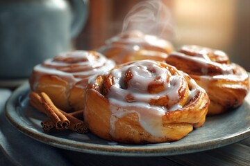 Freshly baked sweet cinnamon rolls with white sugar icing and steaming on a rustic plate, ready for breakfast