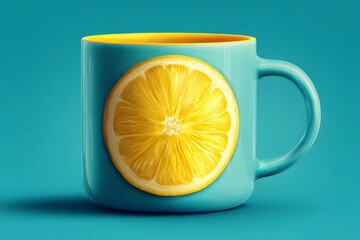 Teal coffee mug with yellow inside and a bright lemon slice on its side, symbolizing refreshment and healthy beverages