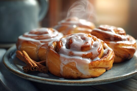 Freshly baked sweet cinnamon rolls with white sugar icing and steaming on a rustic plate, ready for breakfast