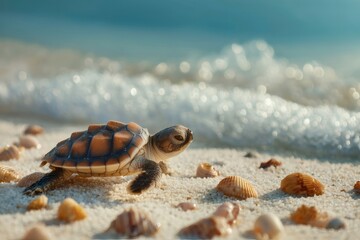 Little sea turtle hatchling making its way across a sunlit sandy beach with seashells towards the sparkling waves of the sea