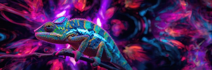 Fantasy chameleon with intricate, multi-colored scales and a curled tail, surrounded by glowing abstract smoke and swirling neon light trails on a dark background