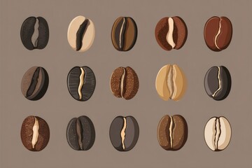 Fifteen coffee beans displaying a range of colors and textures, representing various roasting stages and varieties