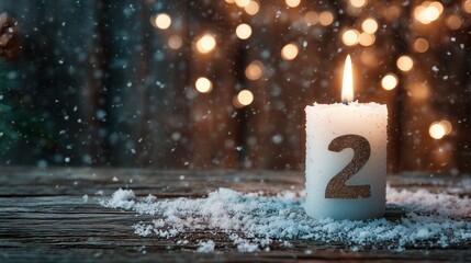 Plakat Lit candle with number two on wooden surface, symbolizing second advent week.