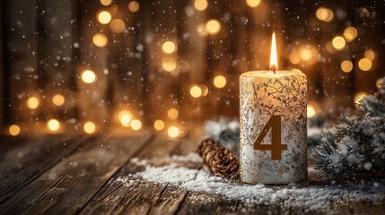 Lit candle with number four, pinecone, snow, and bokeh lights symbolize fourth advent week.