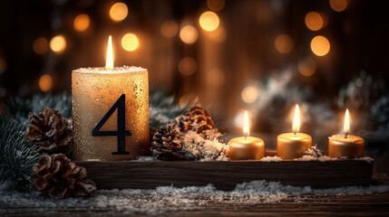 Lit candle with number four, pinecone, snow, and bokeh lights symbolize fourth advent week.