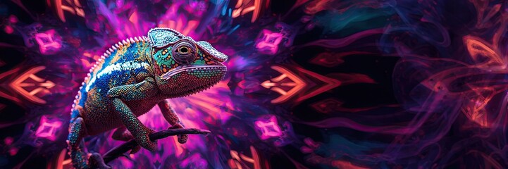 Extreme close-up portrait of a colorful chameleon under dramatic neon lighting with vibrant magenta, cyan, and deep blue glow in a dark, mysterious setting