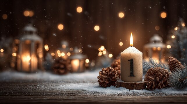 Candle with number 1 in snowy scene, symbolizing first week of advent, surrounded by pinecone and bokeh light.