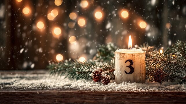 Candle with number three on snowy wood, symbolizing hope in third advent week.