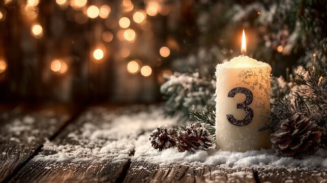 Candle with number three on snowy wood, symbolizing hope in third advent week.