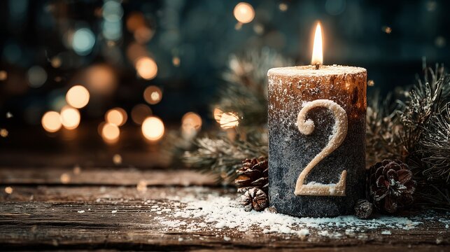 Lit candle with number two on wooden surface, symbolizing second advent week.