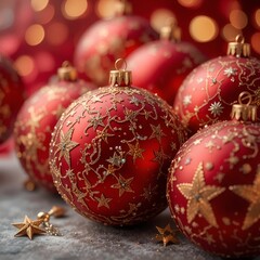 A detailed shot of a bright red Christmas ornament, perfect for holiday designs and decorations. 
