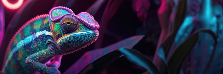 Extreme close-up portrait of a colorful chameleon under dramatic neon lighting with vibrant magenta, cyan, and deep blue glow in a dark, mysterious setting